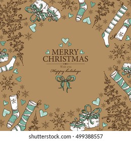 Christmas and New Year card with Christmas stocking, Holiday tree and present. hand drawn