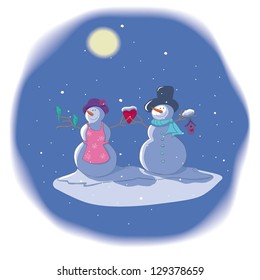 Christmas and New Year card template with two snowmen in love