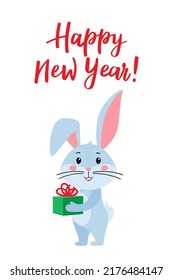 A Christmas or New Year card template with a cute rabbit, the symbol of the year 2023 in the Chinese calendar. Handwritten text of "Happy New Year". Vector stock illustration.