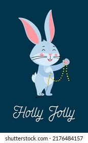 A Christmas or New Year card template with a cute rabbit, the symbol of the year 2023 in the Chinese calendar. Handwritten text of "Holly Jolly". Vector stock illustration.