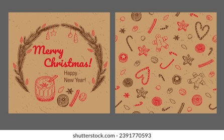 Christmas, new year card template with fir-tree wreath, decorations, egg-nog and spices. Brown and red, eco paper. Vector illustration for winter and greeting card, poster, invitation, banner design.