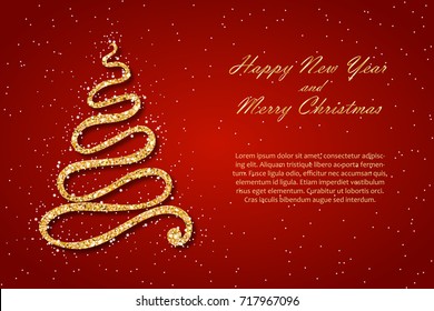 Christmas and New year card template. Golden fir. Wavy sparkling abstract christmas tree with shining snowflakes or stars and place for text