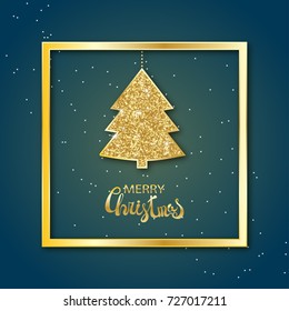 Christmas and New year card template. Golden fir. Sparkling abstract christmas tree with shining snowflakes or stars. Golden frame, lettering. 