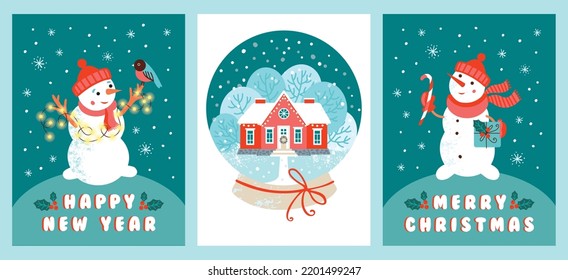 Plantillas de tarjetas de Navidad y Año Nuevo con hombres de nieve y globo de nieve con casa de invierno rojo. Ilustración del vector