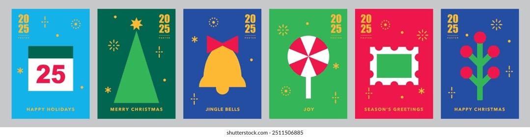 Navidades y Plantillas de la tarjeta del año Nuevo. Iconos en estilo plano geométrico moderno abstracto. Conjunto de póster de invierno. Árbol de Navidad, Navidades de caramelo, campana, bayas, calendario y sello postal. Ilustración vectorial.