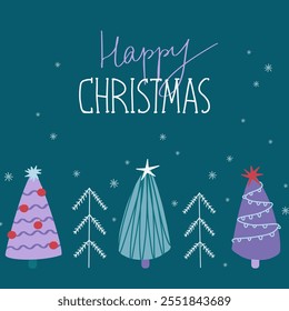 Christmas and new year card with christmas trees. Illustration with happy christmas lettering