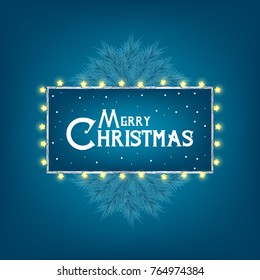 Christmas and New Year card with Typography and Holiday Light Garland, Pine Branch, Snowflakes and frame. Vector illustration