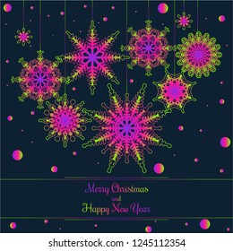 Christmas and New Year card with ufo green, plastic pink and  proton purple colors. Card in 2019 years colors. Vibrant and happy card. Vector illustration.  