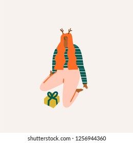 Christmas and New year card in vector. Girl siting with present gift box.  