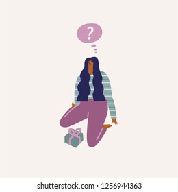 Christmas and New year card in vector. Girl siting with present gift box.  