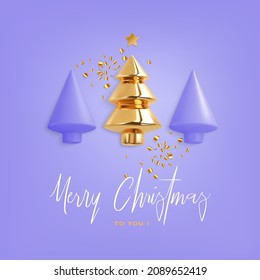 Christmas and New Year card Very Peri . Christmas ornaments, xmas balls and tree, abstract modern elements on trend Very Peri background 3d render.