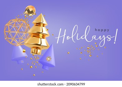 Christmas and New Year card Very Peri . Christmas ornaments, xmas balls and tree, abstract modern elements on trend Very Peri background 3d render.