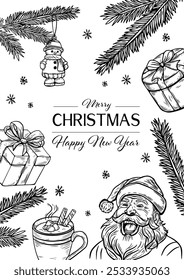 Christmas and New Year card, vintage style sketch, engraving in black and white