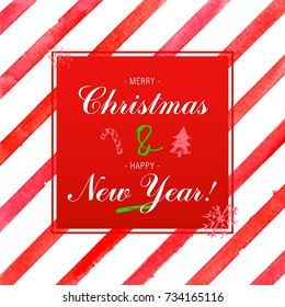 Christmas New Year card. Watercolor red green stripes background. 