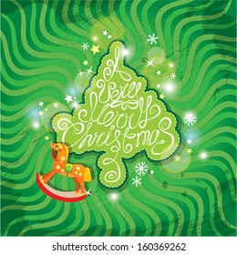Christmas and New Year card with wooden rocking horse toy and fir tree shape with hand written text A Very Merry Christmas on green background. 