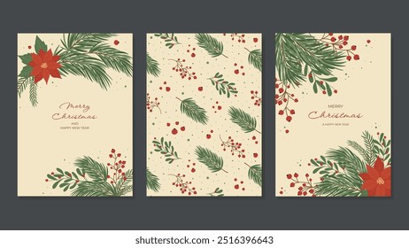 Christmas and New Year cards. Backgrounds with Christmas botanical elements. Pine branches, fir trees, red berries. Vector templates for banners, invitations, posters