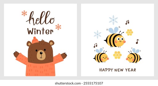 Christmas or New year cards with 
 bear wearing winter clothes and hat, bees are dancing and hand written fonts isolated on white backgrounds vector.