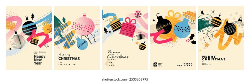 Christmas and New Year Cards Collection. Modern abstract vector illustrations for greeting card, party invitation card, website banner, social media banner, marketing material.