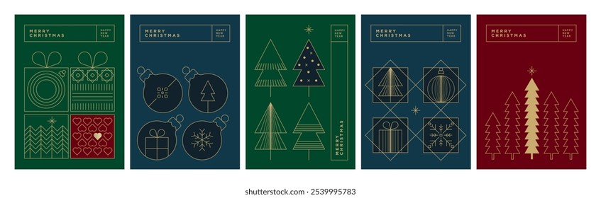 Coleção de cartões de Natal e Ano Novo. Ilustrações vetoriais abstratas modernas para cartão de saudação, cartão de convite de festa, banner de site, banner de mídia social, material de marketing.
