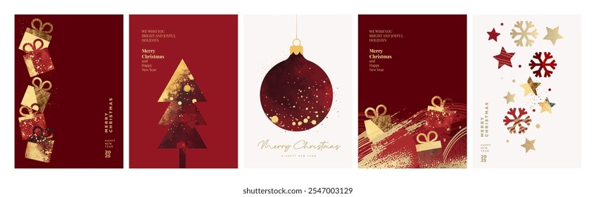 Christmas and New Year Cards Collection. Modern abstract vector illustrations for greeting card, party invitation card, website banner, social media banner, marketing material.