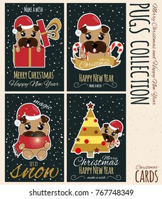 Christmas and New Year cards collection with hand drawn pug dog. Pug dog wearing Santa's hat. Gift, Christmas tree, candy, bengal lights. Let it snow, marry Christmas, happy new year cards.