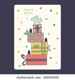 Christmas and New Year cards with cute blue bunny on gifts