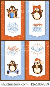 Christmas and New Year cards with funny penguins. Arctic birds in scarf and hats with bubo, mitten and gift box, gyroscooter and ice cream vector