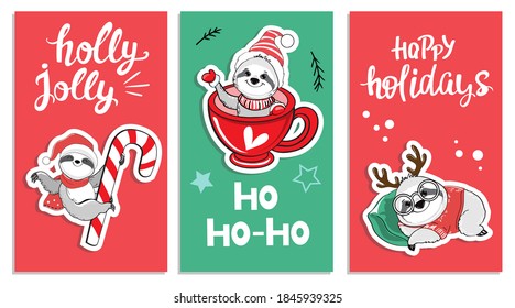 Christmas and New Year cards with funny sloths. Vector cartoon illustrations for winter holidays