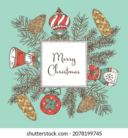 Christmas and New Year cards with  holly tree branch with cone and christmas decoration. Vector hand drawn illustration.