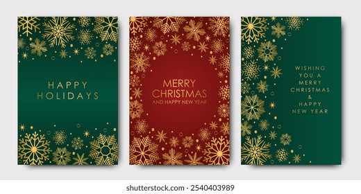 Christmas and New Year cards and invitations to corporate events. Golden snowflakes and Christmas star on green and red background. Winter vector illustration.