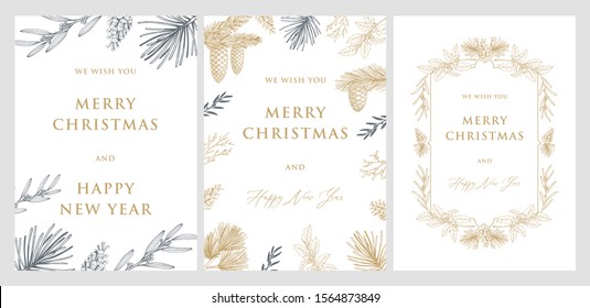 Christmas and new year cards with pine tree branches and cones. Hand drawn vector illustrations