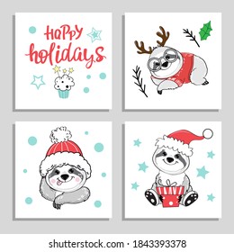 Christmas and New Year cards set with funny sloth bears. Vector cartoon illustration for winter holidays