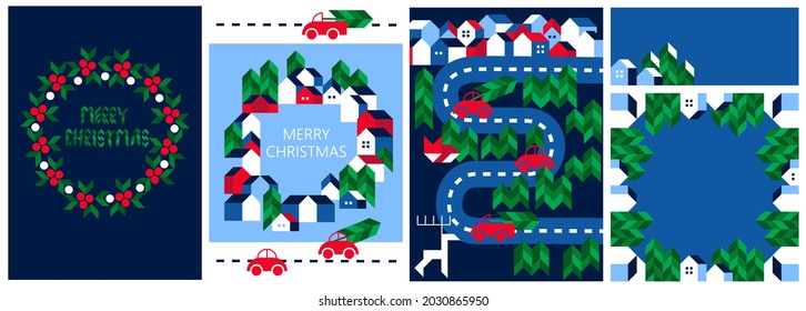 Christmas and New Year Cards Set. Geometric, Modern, Minimalist style. Corporate Holiday cards, invitations, backgrounds, greeting, posters, covers, print. Sketch Vector illustration