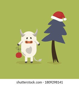 Christmas and new year cards with symbols of the new year of the bull and winter holidays. Can be used for banners, greeting cards, gifts, etc. Holiday card, with Christmas tree and winter holiday