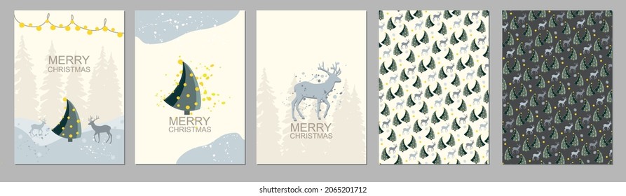 christmas, new year, cards with trees, lanterns and deer
