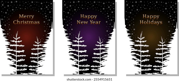 Christmas and new year cards. Winter holidays cards. Modern style, night landscape