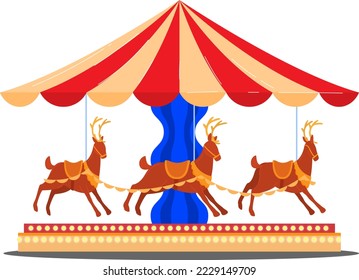 Christmas New Year carousel with santa deers illustration isolated on white background, fair outdoor holiday winter time for kids