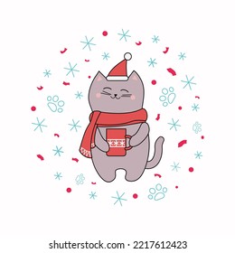 Christmas, New Year. Cartoon cat in a Santa hat and a scarf with a mug  with hot drink. Confetti and cat footprints. Cute kitten and party items. Snow, snowflakes. Vector illustration.