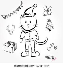  Christmas and New Year cartoon cute cat  in Santa suit and icon doodle new year  on the white background.
