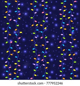 Weihnachten- und Neujahrskarikaturen mit Weihnachtsbeleuchtung und Schneeflocken.Dunkelblauer Winter, nahtloser Hintergrund. Neujahr, Vektorgrafik.