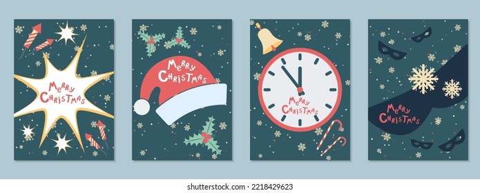 Christmas and New Year cartoon retro style vector flyer, banner, booklet, brochure cover, coupon, voucher, invitation card templates collection