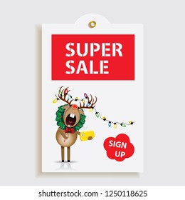 Christmas and New Year cartoon sale tag,decorated Reindeer taking selfie,printable hand drawn holiday exclusive coupon