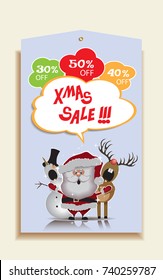 Christmas and New Year cartoon sale tag with Santa Claus,reindeer and snowman.Printable hand drawn holiday special offer 50%,40%,30% coupon.Vector seasonal illustration design.