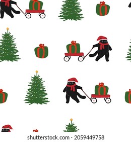 Christmas new year cat seamless pattern. Winter December gift pattern. Cute flat cartoon animal. Stock vector illustration on a white background.