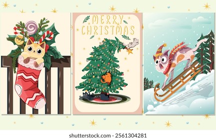 Christmas new year cats in cartoon style. Holiday gifts, cute cats for posters, postcards, t-shirt. Holiday seasonal vector postcards in retro groovy style. Picture for wall and for printing