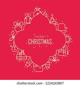 Christmas and New Year celebrating concept with festive lined icons on red background isolated vector illustration