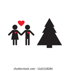 Christmas & New Year Celebrating. Stick figures family new year.  Christmas Tree Together. 