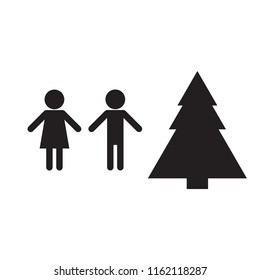 Christmas & New Year Celebrating. Stick figures family new year.  Christmas Tree Together. 
