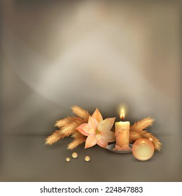 Christmas and New Year Celebration Background with candle, poinsettias, Christmas tree branches, Xmas ornaments