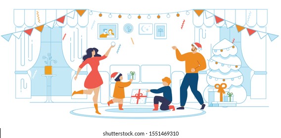 Christmas and New Year Celebration Cartoon. Happy Family Having Fun at Home. Parents Prepared Surprise for Children under Xmas Fir in Living Room. Winter Holidays. Vector Flat Illustration